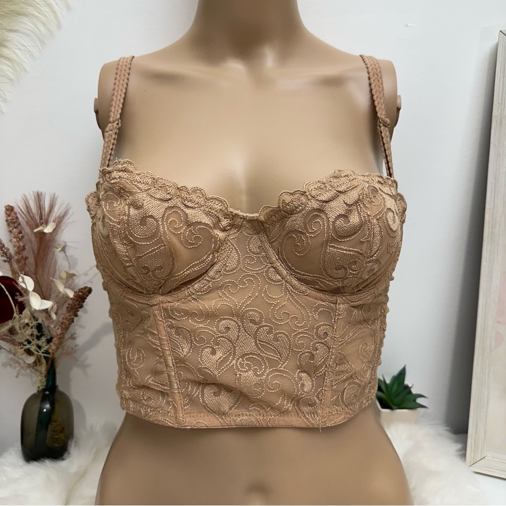Tan Sheer Bustier With Floral And Polka Dot Detail By Gilligan & O'malley
